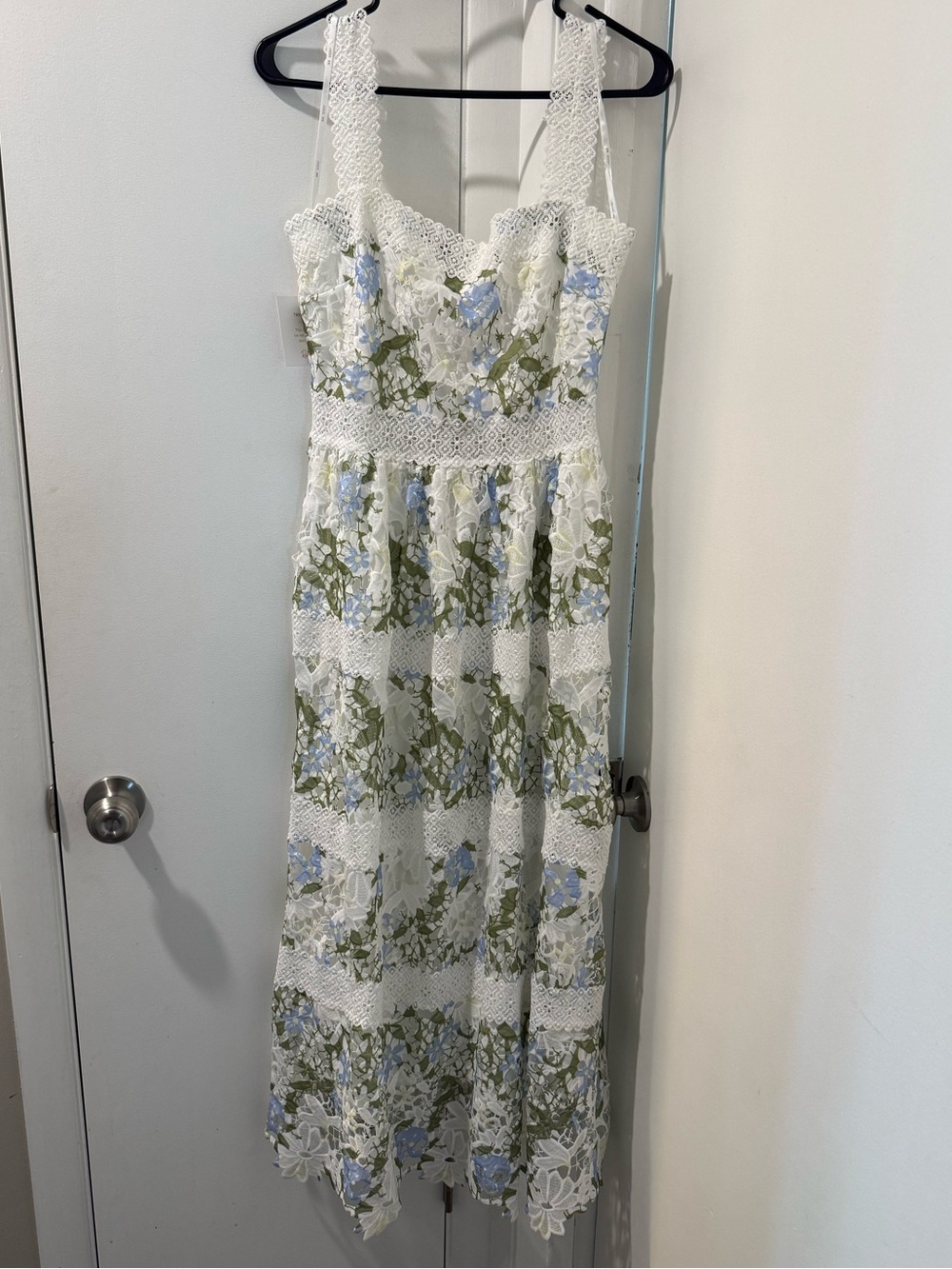 Just Me White Lace Dress with Blue & Green Floral Embroidery